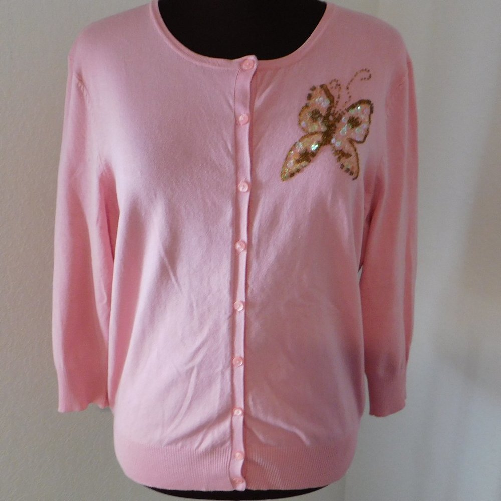 Bay Studio Career Size XL Silk Blend Cardigan 3/4 Sleeve Sequin Butterfly